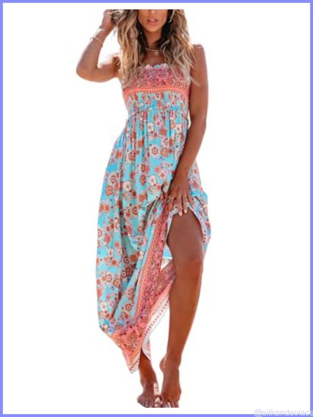 Women's Floral Maxi Dress Square Neck Smocked Sleeveless Bohemian
